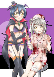 Rule 34 | 2girls, bandages, bat wings, black legwear, blood, blue hair, blush, breasts, cape, choker, closed mouth, commentary request, covering privates, embarrassed, fur trim, gloves, grey hair, hair between eyes, halloween, hat, long hair, looking at viewer, love live!, love live! school idol project, minami kotori, mini hat, multiple girls, navel, nurse, nurse cap, one side up, open mouth, sitting, skull, smile, sonoda umi, standing, star (symbol), stethoscope, tetopetesone, thighhighs, torn clothes, torn gloves, torn legwear, wings, yellow eyes