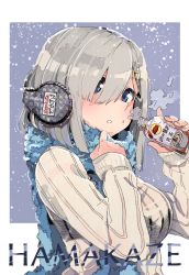 Rule 34 | 10s, 1girl, blue eyes, blush, breasts, breath, character name, coffee, commentary, female focus, grey hair, hair ornament, hair over one eye, hairclip, hamakaze (kancolle), headphones, highres, kantai collection, long sleeves, looking at viewer, one eye covered, outdoors, ribbed sweater, scarf, short hair, snow, solo, sweater, upper body, wataro (watawatawatapon)