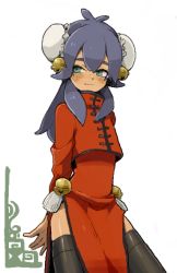Rule 34 | 1boy, bad id, bad pixiv id, bell, blue hair, blush, bun cover, china dress, chinese clothes, crossdressing, double bun, dress, green eyes, inazuma eleven (series), inazuma eleven go, jingle bell, kishibe taiga, long hair, male focus, rococolove, solo, thighhighs, trap, white background