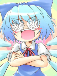Rule 34 | 1girl, @ @, bad id, bad pixiv id, blue hair, bow, circled 9, cirno, coke-bottle glasses, collared shirt, crossed arms, female focus, glasses, kakkou, open mouth, ribbon, shirt, short hair, solo, teeth, touhou, wings