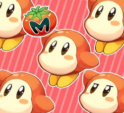 Rule 34 | 1other, arm up, blush stickers, commentary request, food, full body, holding, holding food, kirby (series), maxim tomato, mikeli li (artist), multiple views, nintendo, no humans, no mouth, outline, pink background, red background, solid oval eyes, striped, striped background, tareme, tiptoes, waddle dee, white outline