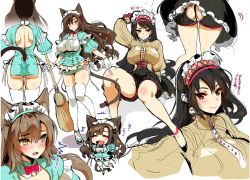Rule 34 | 2girls, :d, animal ears, ass, black shorts, blush, bow, bowtie, breasts, cat ears, cat tail, chibi, closed mouth, hair bow, kojima saya, large breasts, long hair, looking at viewer, maid, minya (kojima saya), multiple girls, multiple views, open mouth, original, panties, parted lips, red bow, red eyes, red neckwear, short shorts, shorts, side-tie panties, sitting, sketch, skindentation, smile, tail, tail bow, tail ornament, thighhighs, underwear, white legwear