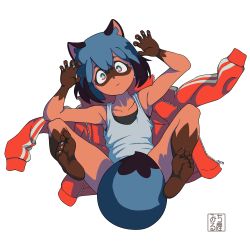 Rule 34 | 1girl, absurdres, animal ears, animal nose, artist name, barefoot, between legs, black hair, blue eyes, blue hair, body fur, brand new animal, brown fur, claw pose, closed mouth, feet, feet up, fingernails, furry, furry female, highres, jacket, kagemori michiru, looking at viewer, lying, michirutnk, multicolored hair, on back, raccoon ears, raccoon girl, raccoon tail, red jacket, resolution mismatch, sharp fingernails, sharp toenails, shirt, short hair, simple background, solo, source smaller, tail, tail between legs, tail censor, tank top, tanuki, toenails, track jacket, two-tone hair, white background, white shirt