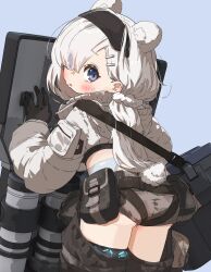 Rule 34 | 1girl, amonitto, animal ear fluff, animal ears, arknights, ass, aurora (arknights), bag, black gloves, black hairband, blue background, blush, brown shorts, clothing cutout, commentary request, cropped jacket, eyes visible through hair, from behind, gloves, hair ornament, hair over one eye, hairband, hairclip, highres, jacket, long hair, long sleeves, looking at viewer, looking back, parted lips, puffy long sleeves, puffy sleeves, purple eyes, short shorts, shorts, simple background, solo, sweat, tail, tail through clothes, very long hair, white jacket