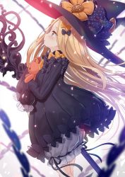 Rule 34 | 1girl, abigail williams (fate), black bow, black dress, black hat, blonde hair, bloomers, blue eyes, blurry, blurry background, blurry foreground, blush, bow, bug, butterfly, commentary request, depth of field, dress, fate/grand order, fate (series), hair bow, hat, hugging object, insect, long hair, long sleeves, looking away, multiple hair bows, orange bow, parted bangs, parted lips, polka dot, polka dot bow, profile, sleeves past fingers, sleeves past wrists, solo, stuffed animal, stuffed toy, tears, teddy bear, underwear, very long hair, white background, white bloomers, witch hat, yano mitsuki (nanairo)