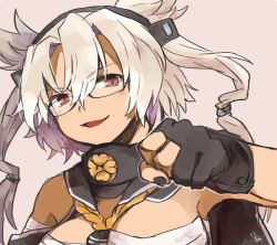 Rule 34 | 1girl, armpits, bare shoulders, black gloves, blonde hair, blush, breasts, budget sarashi, cleavage, clenched hand, collar, commentary request, dark-skinned female, dark skin, fingernails, glasses, gloves, hair between eyes, hair flaps, hair tie, headgear, ina (1813576), kantai collection, kikumon, long hair, looking at viewer, musashi (kancolle), musashi kai (kancolle), partially fingerless gloves, red eyes, sarashi, semi-rimless eyewear, short hair with long locks, signature, simple background, smile, solo, under-rim eyewear, upper body