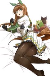 Rule 34 | 1girl, animal ears, bed sheet, black gloves, black pantyhose, black thighhighs, breasts, brown hair, character doll, ear covers, feet out of frame, gloves, green eyes, hairband, highres, horse ears, horse girl, horse tail, jacket, long hair, long sleeves, looking at viewer, lying, medium breasts, on side, open mouth, pantyhose, silence suzuka (umamusume), skirt, solo, special week (umamusume), tail, thighhighs, uki kumo, umamusume, white jacket, white skirt