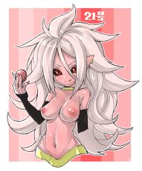 Rule 34 | 1girl, android 21, black sclera, breasts, character name, colored sclera, colored skin, dragon ball, dragon ball fighterz, earrings, electric pot, food, hair between eyes, jewelry, long hair, looking at viewer, macaron, majin android 21, medium breasts, navel, nipples, pink skin, pointy ears, red eyes, silver hair, smile, solo, tail, upper body