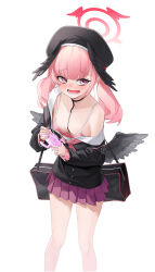 Rule 34 | 1girl, absurdres, beret, black hat, black shirt, black wings, blue archive, blush, bra, breasts, feet out of frame, haniwa (statue), hat, head wings, highres, holding, koharu (blue archive), kuroja, long hair, long sleeves, open mouth, pink bra, pink eyes, pink hair, pleated skirt, purple skirt, sailor collar, sailor shirt, shirt, simple background, skirt, small breasts, solo, twintails, underwear, white background, wings