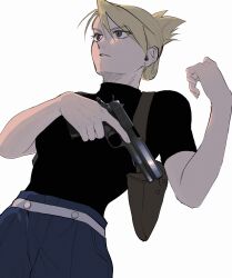 Rule 34 | 1girl, absurdres, black shirt, blonde hair, blue pants, breasts, brown eyes, drawing gun, earrings, from below, fullmetal alchemist, gun, hair between eyes, handgun, highres, holding, holding gun, holding weapon, holster, jewelry, looking ahead, medium breasts, ozaki (tsukiko3), pants, parted lips, riza hawkeye, shirt, short sleeves, shoulder holster, solo, swept bangs, tight clothes, tight shirt, turtleneck, updo, upper body, weapon, white background