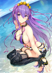 Rule 34 | 1girl, bare shoulders, bb (fate), bb (fate) (all), bb (swimsuit mooncancer) (fate), bb (swimsuit mooncancer) (second ascension) (fate), beach, bead bracelet, beads, belt, bikini, black gloves, black thighhighs, blue sky, blush, bracelet, breasts, cleavage, closed mouth, collarbone, commentary request, day, earrings, fate/grand order, fate (series), fingerless gloves, gloves, hair between eyes, hair ornament, hair ribbon, hairband, haishiki, high heels, highres, jewelry, large breasts, long hair, looking at viewer, micro shorts, nail polish, neck ribbon, ocean, purple bikini, purple eyes, purple hair, purple ribbon, revision, ribbon, short shorts, shorts, sky, smile, solo, squatting, star (symbol), star earrings, star hair ornament, studded garter belt, swimsuit, thighhighs, thighs, very long hair, white belt