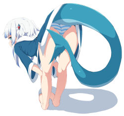 Rule 34 | 1girl, ass, bare legs, bent over, blue dress, blue eyes, blue hair, dress, female focus, fins, fish tail, full body, gawr gura, hair ornament, highres, hololive, hololive english, hood, hood down, looking back, multicolored hair, noa (nagareboshi), panties, shadow, shark tail, simple background, solo, striped clothes, striped panties, tail, tail censor, two side up, underwear, virtual youtuber, white background, white hair
