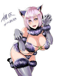 Rule 34 | 1girl, :d, animal ears, bad id, bad pixiv id, blush, breasts, cleavage, elbow gloves, fate/grand order, fate (series), fng, fur trim, gloves, grey gloves, grey thighhighs, hair between eyes, halloween costume, large breasts, leaning forward, light purple hair, looking at viewer, mash kyrielight, mash kyrielight (dangerous beast), o-ring, o-ring top, official alternate costume, open mouth, paw pose, purple eyes, revealing clothes, shibusun, short hair, smile, solo, thighhighs, wolf ears