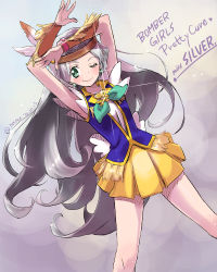 Rule 34 | 10s, 1girl, arms up, brooch, earrings, feathers, green eyes, grey haired cure (bomber girls precure) (happinesscharge precure!), happinesscharge precure!, headband, heart, heart brooch, highres, isedaichi ken, jewelry, long hair, magical girl, one eye closed, precure, silver hair, skirt, smile, solo