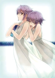 Rule 34 | 10s, :d, ^ ^, bare shoulders, blu-ray cover, book, closed eyes, cover, dress, dual persona, glasses, hands on another&#039;s shoulders, holding, holding book, lowres, nagato yuki, nagato yuki-chan no shoushitsu, open mouth, purple hair, see-through silhouette, short hair, sidelocks, simple background, sleeveless, sleeveless dress, smile, sundress, suzumiya haruhi no shoushitsu, suzumiya haruhi no yuuutsu, white background