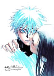 Rule 34 | 2boys, black hair, blue eyes, brothers, child, hand on another&#039;s shoulder, highres, hunter x hunter, illumi zoldyck, killua zoldyck, long hair, looking at viewer, male focus, multiple boys, short hair, siblings, signature, simple background, upper body, wdxunfnghhh, white background, white hair