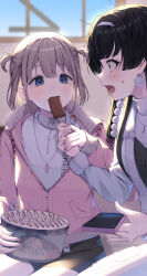 Rule 34 | 10 (user cwuu4848), 2girls, absurdres, black hair, blue eyes, blush, cellphone, earrings, eating, fingernails, food, food theft, grey hair, highres, holding, holding food, holding ice cream, holding phone, ice cream, ice cream bar, idolmaster, idolmaster shiny colors, indoors, jacket, jewelry, looking at another, mayuzumi fuyuko, multiple girls, phone, pink jacket, pom pom (clothes), pom pom earrings, serizawa asahi, sitting, two side up, white jacket, wide-eyed