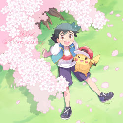 Rule 34 | 1boy, ash ketchum, bad id, bad pixiv id, baseball cap, black hair, blue shorts, blue vest, brown eyes, cherry blossoms, cherry tree, creatures (company), day, english text, falling petals, from above, full body, game freak, gen 1 pokemon, hand on another&#039;s hat, hat, clothed pokemon, highres, looking up, male focus, mei (maysroom), nintendo, open mouth, outdoors, petals, pikachu, pokemon, pokemon (anime), pokemon (creature), pokemon journeys, shirt, shorts, sitting, sleeveless, smile, spiked hair, teeth, upper teeth only, vest, white shirt
