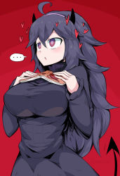 Rule 34 | ..., 1girl, ahoge, alternate breast size, blush, book, breasts, cosplay, creatures (company), demon tail, dress, game freak, hair between eyes, hairband, heart, heart-shaped pupils, helltaker, hex maniac (pokemon), highres, horns, large breasts, long dress, long hair, messy hair, modeus (helltaker), modeus (helltaker) (cosplay), nintendo, open mouth, pokemon, pokemon xy, purple eyes, purple hair, purple hairband, red background, shimure (460), solo, speech bubble, spider web print, symbol-shaped pupils, tail, turtleneck