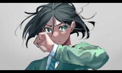 Rule 34 | 1boy, black hair, blush, closed mouth, collared shirt, fate/zero, fate (series), green eyes, green jacket, grey background, hair between eyes, highres, jacket, letterboxed, long sleeves, male focus, messy hair, necktie, red pupils, shirt, solo, striped necktie, tears, tokoni fusu, waver velvet, white shirt, wiping tears