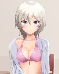 Rule 34 | 10s, 1girl, anastasia (idolmaster), beige background, bikini, blue eyes, blurry, blush, breasts, chair, cleavage, closed mouth, collarbone, colored eyelashes, depth of field, eyebrows, eyelashes, grey shirt, hair between eyes, highres, idolmaster, idolmaster cinderella girls, long sleeves, looking at viewer, open clothes, open shirt, pink bikini, pink lips, shiny skin, shirt, short hair, silver hair, simple background, solo, swimsuit, table, taka (takahirokun), tsurime, upper body