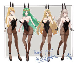 Rule 34 | 4girls, :d, absurdres, aotsuba, asymmetrical bangs, bare shoulders, black footwear, black gloves, black hairband, black high heels, black leotard, blonde hair, blue eyes, blush, breasts, brown pantyhose, chinese zodiac, cleavage, commission, commissioner upload, corrin (female) (fire emblem), corrin (fire emblem), covered navel, dangle earrings, detached collar, earrings, female focus, fire emblem, fire emblem fates, full body, gloves, gluteal fold, green eyes, green hair, grey hair, hair between eyes, hairband, hand on own hip, high heels, highleg, highleg leotard, highres, jewelry, kid icarus, kid icarus uprising, large breasts, leotard, lineup, long hair, long pointy ears, looking at viewer, matching hair/eyes, metroid, mole, mole under mouth, multiple girls, mythra (xenoblade), nintendo, open mouth, palutena, pantyhose, parted bangs, playboy bunny, pointy ears, ponytail, red eyes, ribbon tie, samus aran, signature, skeb commission, smile, standing, strapless, strapless leotard, super smash bros., swept bangs, thigh gap, thighband pantyhose, tiara, twitter username, very long hair, wide hips, wrist cuffs, xenoblade chronicles (series), xenoblade chronicles 2, year of the rabbit, yellow eyes