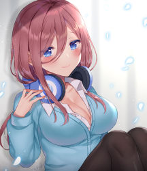 Rule 34 | 1girl, black pantyhose, blue cardigan, blue eyes, blurry, blush, breasts, brown hair, buttons, cardigan, cleavage, collarbone, collared shirt, commentary request, depth of field, go-toubun no hanayome, hair between eyes, hand up, headphones, headphones around neck, knees up, large breasts, long hair, long sleeves, looking at viewer, nakano miku, naomi (fantasia), open clothes, pantyhose, partially unbuttoned, petals, school uniform, shirt, sidelocks, signature, sitting, smile, solo, white shirt