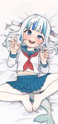 Rule 34 | 1girl, ahegao, blue eyes, blue hair, blue skirt, blunt bangs, blush, child, claw pose, double v, fangs, fins, fish tail, gawr gura, highres, hololive, hololive english, knees apart feet together, long sleeves, looking at viewer, lying, midriff peek, multicolored hair, navel, on back, opossumachine, pantyhose, pleated skirt, school uniform, serafuku, shark tail, short hair, skirt, streaked hair, sweat, tail, teeth, thighs, toes, tongue, twintails, upper teeth only, v, virtual youtuber, white hair, white pantyhose
