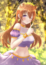Rule 34 | 1girl, ;), absurdres, artist name, artist request, beamed quavers, blush, bracelet, branch, breasts, brown hair, butterfly (love live!), choker, cleavage, clothing cutout, collarbone, cropped shirt, crown, detached sleeves, double bun, dress, dress shirt, earrings, female focus, gold bracelet, hair between eyes, hair bun, hair rings, harem outfit, highres, jewelry, konoe kanata, long hair, looking at viewer, love live!, love live! nijigasaki high school idol club, love live! school idol festival, medium breasts, navel, one eye closed, parted lips, puffy short sleeves, puffy sleeves, purple eyes, purple shirt, purple shorts, quaver, shirt, short sleeves, shorts, shoulder cutout, smile, solo, tree, two side up, wink, yellow bracelet, yellow choker