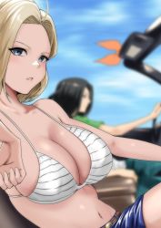 Rule 34 | 1boy, 1girl, android 17, android 18, arm rest, belt, bikini, bikini top only, black hair, blue eyes, blurry, blurry background, blush, breasts, brother and sister, brown belt, car, cleavage, denim, denim shorts, dragon ball, dragonball z, driving, from side, highres, large breasts, lips, looking at viewer, moriton, motor vehicle, navel, outdoors, parted lips, short hair, shorts, siblings, sitting, solo focus, stomach, striped bikini, striped clothes, swimsuit, white bikini