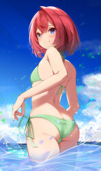 Rule 34 | 1girl, absurdres, ange katrina, ass, bikini, blue eyes, blue sky, breasts, butt crack, cloud, commentary, day, from behind, green bikini, hair intakes, halterneck, highres, looking to the side, nagori0127, nijisanji, outdoors, red hair, short hair, side-tie bikini bottom, sky, small breasts, solo, standing, string bikini, swimsuit, virtual youtuber, water