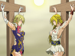 Rule 34 | 2girls, a-ru (dn1217), armpits, arms up, blonde hair, blood, breasts, bruise, cassandra alexandra, cross, crucifixion, earrings, execution, closed eyes, injury, jewelry, long hair, multiple girls, nail, nailed, namco, panties, sophitia alexandra, soul calibur, sun, torn clothes, torture, underwear, whip marks