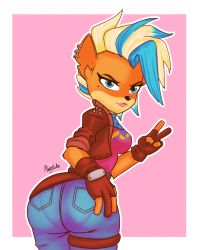 Rule 34 | 1girl, absurdres, ass, blonde hair, blue eyes, blue hair, breasts, crash bandicoot (series), crash bandicoot 4: it&#039;s about time, denim, earrings, fingerless gloves, from behind, furry, furry female, gloves, highres, huge ass, jeans, jewelry, medium breasts, mohawk, mugibunbun, multicolored hair, pants, pantylines, short hair, sideboob, smile, solo, tawna bandicoot, tawna bandicoot (it&#039;s about time), v