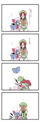 Rule 34 | 2girls, 4koma, bat wings, blue eyes, blue hair, book, comic, commentary request, flapping, green hat, hat, hibino nozomu, highres, holding, holding book, hong meiling, kiss, long hair, medium hair, multiple girls, open book, parted bangs, pink hat, reading, red eyes, red hair, remilia scarlet, star (symbol), touhou, white background, wings, yuri