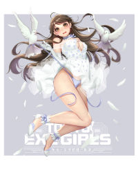 Rule 34 | 1girl, ahoge, animal, ankle strap, bird, blush, border, breasts, brown eyes, brown hair, bursting breasts, choker, cleavage, clenched hand, clothes lift, copyright name, dove, dress, dress lift, earrings, elbow gloves, feathers, full body, gloves, grey background, groin, high heels, jewelry, long hair, looking at viewer, masami chie, medium breasts, off-shoulder dress, off shoulder, official art, open mouth, panties, partially unbuttoned, purple choker, purple panties, ribbon choker, round teeth, side-tie panties, solo, teeth, tiara, tokyo exe girls, underwear, undressing, undressing another, untied panties, upper teeth only, white border, white choker, white dress, white feathers, white footwear, white gloves
