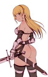 Rule 34 | 1girl, absurdres, alternate costume, armor, ass, bikini, bikini armor, blonde hair, blunt bangs, blush, bow, box wonderland, breasts, closed mouth, green eyes, grey background, hairband, heanna sumire, highres, holding, holding sword, holding weapon, long hair, looking at viewer, looking to the side, love live!, love live! superstar!!, medium breasts, orange hairband, purple bow, scabbard, sheath, simple background, smile, solo, standing, swimsuit, sword, thighs, thong, thong bikini, weapon