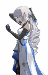 Rule 34 | 1girl, absurdres, arm up, black gloves, black undershirt, boots, breasts, bronya rand, cowboy shot, dress, drill hair, earrings, elbow gloves, eruthika, from side, gloves, grey eyes, grey hair, hair between eyes, hair ornament, highres, holding, holding own hair, honkai: star rail, honkai (series), jewelry, looking at object, medium breasts, nape, sidelocks, simple background, sleeveless, sleeveless dress, solo, thigh boots, white background, white dress