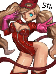 Rule 34 | 1girl, ass, blonde hair, blue eyes, bodysuit, breasts, cleavage, dakusuta, fake tail, gloves, highres, holding, leotard, mask, medium breasts, one eye closed, persona, persona 5, solo, tail, takamaki anne, tongue, tongue out, twintails, wide hips, wink, yellow background, zipper