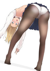 Rule 34 | 1girl, ass, bent over, black pantyhose, blonde hair, blue eyes, blue skirt, blush, crotch seam, from behind, gensokigou, long hair, long sleeves, looking at viewer, looking back, open mouth, original, panties, panties under pantyhose, pantyhose, pleated skirt, school uniform, shirt, simple background, skirt, solo, sweater vest, underwear, white background, white panties, white shirt