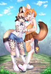 Rule 34 | 2girls, :d, african wild dog (kemono friends), african wild dog print, animal ear fluff, animal ears, animal print, bare arms, bare shoulders, black hair, blue shorts, bodystocking, boots, bow, bowtie, breast pocket, brown eyes, brown hair, brown skirt, commentary request, cutoffs, day, denim, denim shorts, dhole (kemono friends), dog ears, dog girl, dog tail, extra ears, fang, full body, gloves, hair between eyes, hand up, highres, holding hands, interlocked fingers, kemono friends, kemono friends 3, layered sleeves, light brown hair, long sleeves, looking at viewer, looking back, medium hair, miniskirt, multicolored hair, multiple girls, ninoji, open mouth, outdoors, paw shoes, pleated skirt, pocket, print legwear, print sleeves, shirt, shoe soles, shoes, short over long sleeves, short sleeves, shorts, sidelocks, skirt, sleeveless, sleeveless shirt, smile, standing, standing on one leg, tail, teeth, thighhighs, two-tone hair, upper teeth only, white gloves, white hair, white shirt, yellow eyes, zettai ryouiki