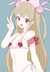 Rule 34 | 1girl, absurdres, armband, bad id, bad twitter id, bikini, blush, donguri suzume, fang, hair ornament, hat, heart, highres, light brown hair, long hair, looking at viewer, natori sana, navel, nurse cap, open mouth, pink hat, rabbit hair ornament, red eyes, sana channel, solo, swimsuit, two side up, v, very long hair, virtual youtuber