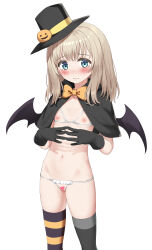 Rule 34 | 1girl, absurdres, asymmetrical legwear, bat wings, bikini, black capelet, black gloves, black hat, black thighhighs, black wings, blue eyes, bow, brown bow, brown hair, capelet, censored, cleft of venus, commentary request, crotchless, crotchless bikini, cupless bikini, flat chest, gloves, hat, heart, heart censor, highres, jack-o&#039;-lantern, looking at viewer, mismatched legwear, nedia (nedia region), nipples, original, pussy, simple background, solo, striped clothes, striped thighhighs, swimsuit, tears, thighhighs, tilted headwear, white background, white bikini, wings