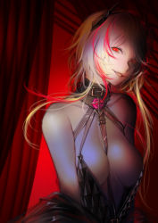 Rule 34 | 1girl, absurdres, alternate hairstyle, bare shoulders, black dress, blonde hair, breasts, commentary, curtains, dress, english commentary, gem, girls&#039; frontline, glowing, glowing eyes, headgear, highres, lips, m4 sopmod ii (devourer of the feast) (girls&#039; frontline), m4 sopmod ii (girls&#039; frontline), medium breasts, multicolored hair, red eyes, shade, shaded face, short hair, smile, solo, xiaoye eago