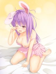 Rule 34 | 1girl, animal ears, bare shoulders, barefoot, blush, breasts, rabbit ears, feet, long hair, nipples, one eye closed, open mouth, oukatihiro, purple hair, red eyes, reisen udongein inaba, sitting, soles, solo, tears, toes, touhou, wariza, wince