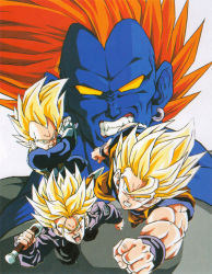 Rule 34 | 1990s (style), 4boys, android, android 13, android 13 (fused), angry, dragon ball, dragonball z, energy, evil, fangs, father and son, flying, highres, looking at viewer, male focus, multiple boys, muscular, official art, orange hair, pectorals, retro artstyle, scan, serious, son goku, super saiyan, sword, trunks (dragon ball), vegeta, weapon