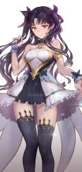Rule 34 | 1girl, absurdres, bare shoulders, black hair, black ribbon, dress, earrings, fate/grand order, fate (series), hair ornament, hair ribbon, highres, ishtar (fate), jewelry, ku99 (kugugu), long hair, looking at viewer, red eyes, ribbon, simple background, sleeveless, sleeveless dress, smile, solo, thighhighs