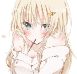 Rule 34 | 1girl, bare shoulders, blonde hair, blue eyes, blush, food, hiro (hirohiro31), long hair, looking at viewer, mouth hold, off-shoulder sweater, off shoulder, original, pocky, solo, sweater, upper body, white background