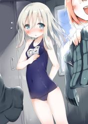 Rule 34 | 2girls, bare shoulders, blue eyes, blue one-piece swimsuit, blush, breasts, collarbone, commentary request, covered navel, cropped jacket, flying sweatdrops, hair between eyes, i-58 (kancolle), indoors, kantai collection, locker, locker room, long hair, multiple girls, name tag, old school swimsuit, one-piece swimsuit, open mouth, pink hair, school swimsuit, silver hair, small breasts, swimsuit, tousaki shiina, u-511 (kancolle), window