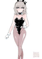 Rule 34 | 1girl, animal ears, black bow, black bowtie, black leotard, blue eyes, bow, bowtie, breasts, cleavage, closed mouth, collar, commentary, dated, detached collar, fake animal ears, frown, girls und panzer, gloves, hair ornament, half-closed eyes, highleg, highleg leotard, highres, itsumi erika, leotard, looking at viewer, medium breasts, medium hair, pantyhose, playboy bunny, rabbit ears, rabbit hair ornament, see-through, see-through legwear, silver hair, simple background, solo, standing, strapless, strapless leotard, susumu, twitter username, white background, white collar, white gloves