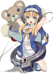 Rule 34 | 1boy, absurdres, bike shorts, blonde hair, blue eyes, bridget (guilty gear), commentary request, cuffs, dress, guilty gear, guilty gear xx, habit, handcuffs, highres, long hair, nun, open mouth, oversized object, round teeth, simple background, solo, stuffed animal, stuffed toy, teddy bear, teeth, trap, upper teeth only, white background, white dress, yashin (yasinz)